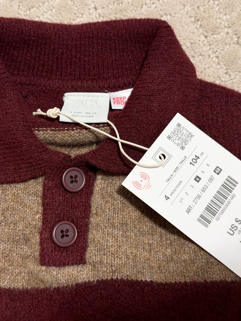 NWT Zara Kids Toddler Boy Burgundy and Tan Striped Collared Knit Sweater 4 - Picture 4 of 4